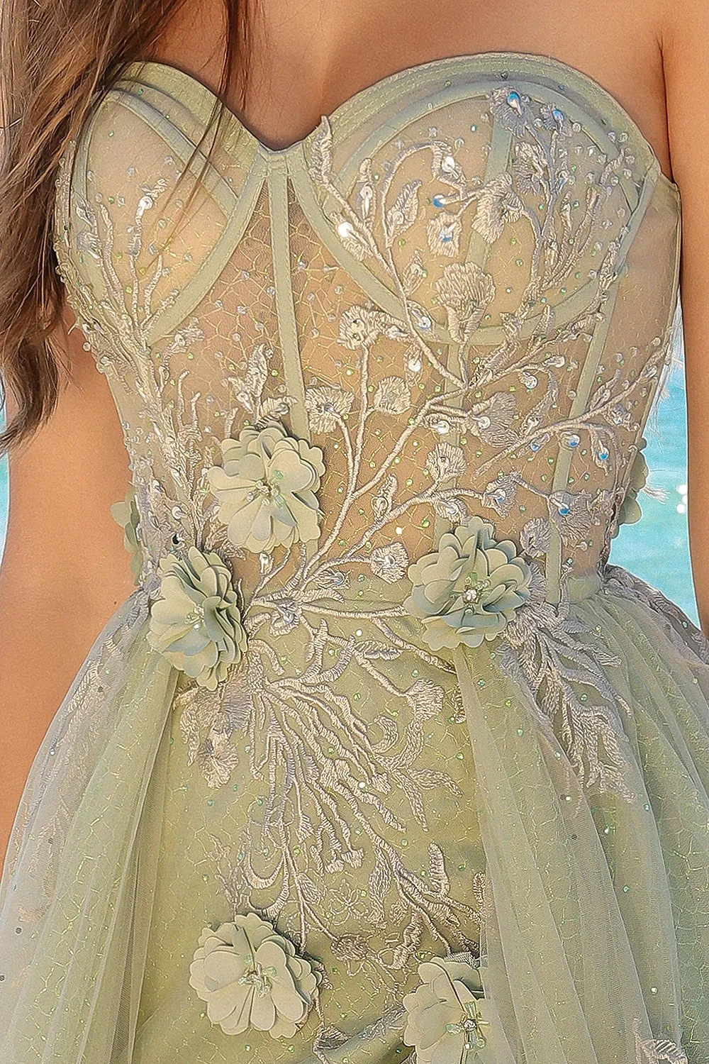 AC TM1002 - Strapless A-Line Prom Gown With 3D Floral Embellishments Over Sheer Boned Bodice & Lace Up Corset Back