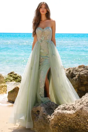 AC TM1002 - Strapless A-Line Prom Gown With 3D Floral Embellishments Over Sheer Boned Bodice & Lace Up Corset Back