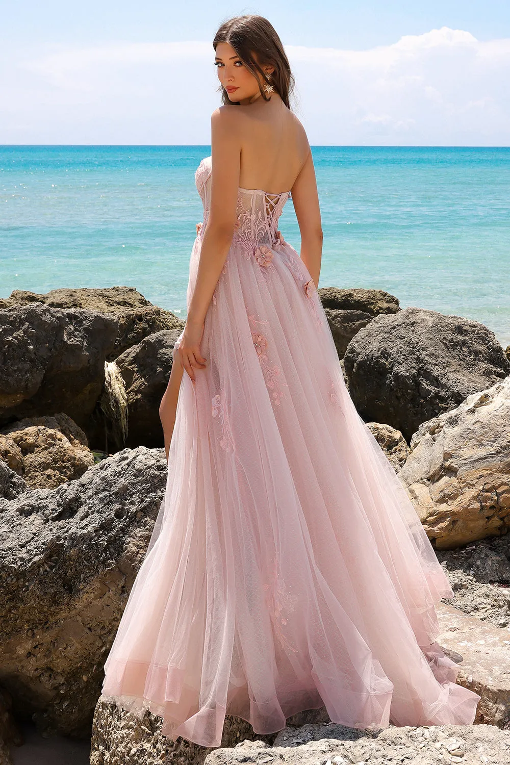 AC TM1002 - Strapless A-Line Prom Gown With 3D Floral Embellishments Over Sheer Boned Bodice & Lace Up Corset Back