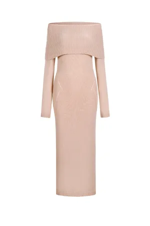 An off-the-shoulder wool knit dress