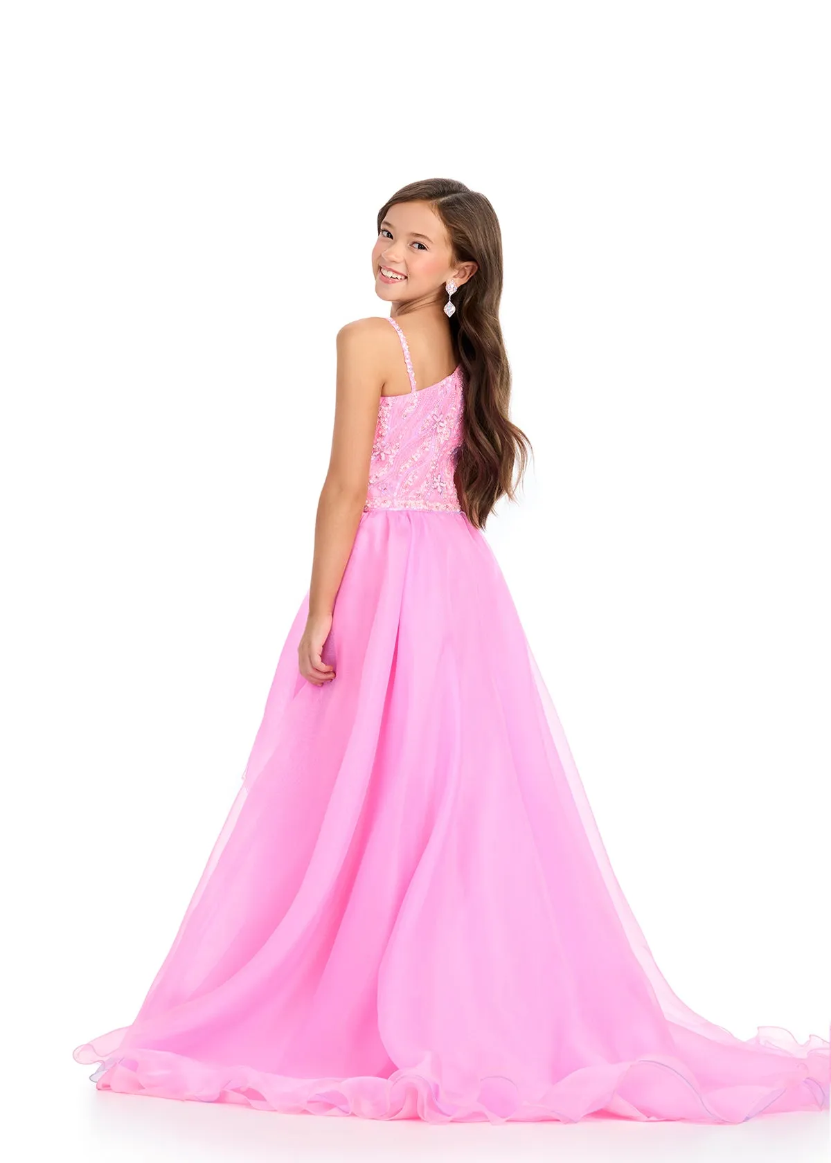 Ashley Lauren Kids 8290 Girls Beaded High Low Pageant Dress One Shoulder layered Gown