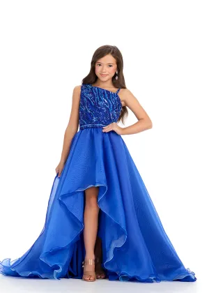 Ashley Lauren Kids 8290 Girls Beaded High Low Pageant Dress One Shoulder layered Gown
