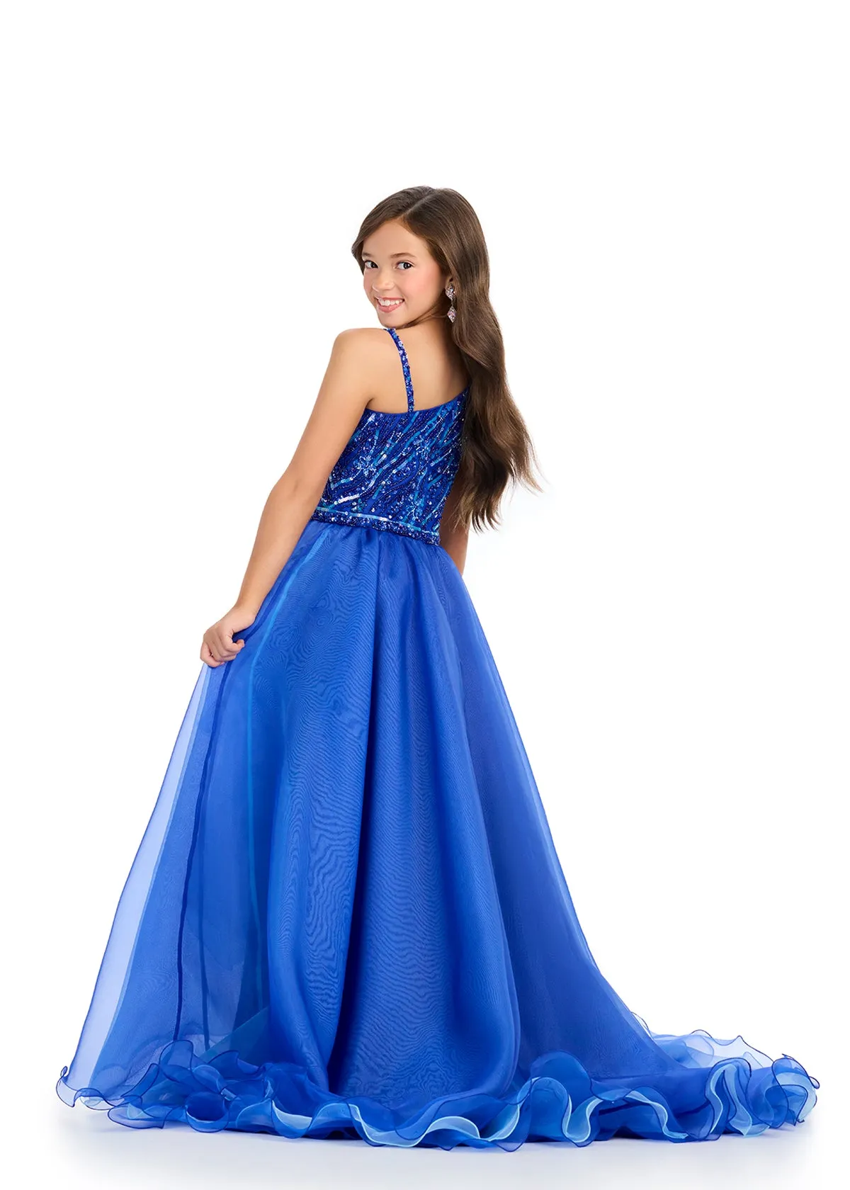 Ashley Lauren Kids 8290 Girls Beaded High Low Pageant Dress One Shoulder layered Gown
