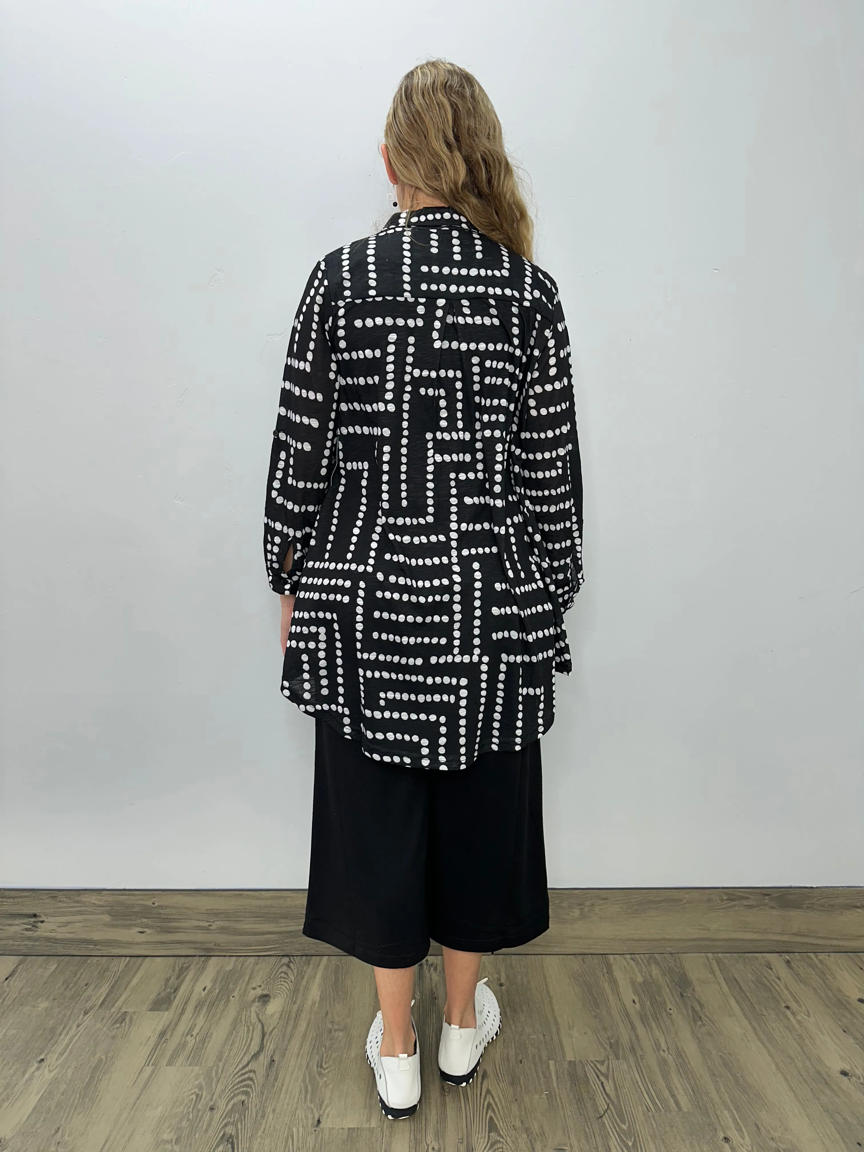 Black and White Dots Collared Button Down Top