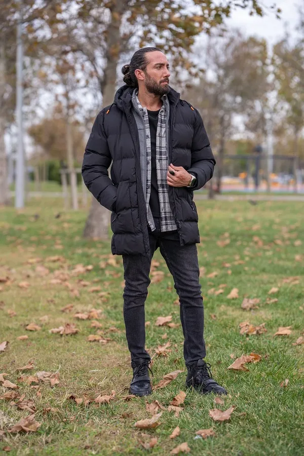 Black Slim Fit Puffer Long Coat by gentwith