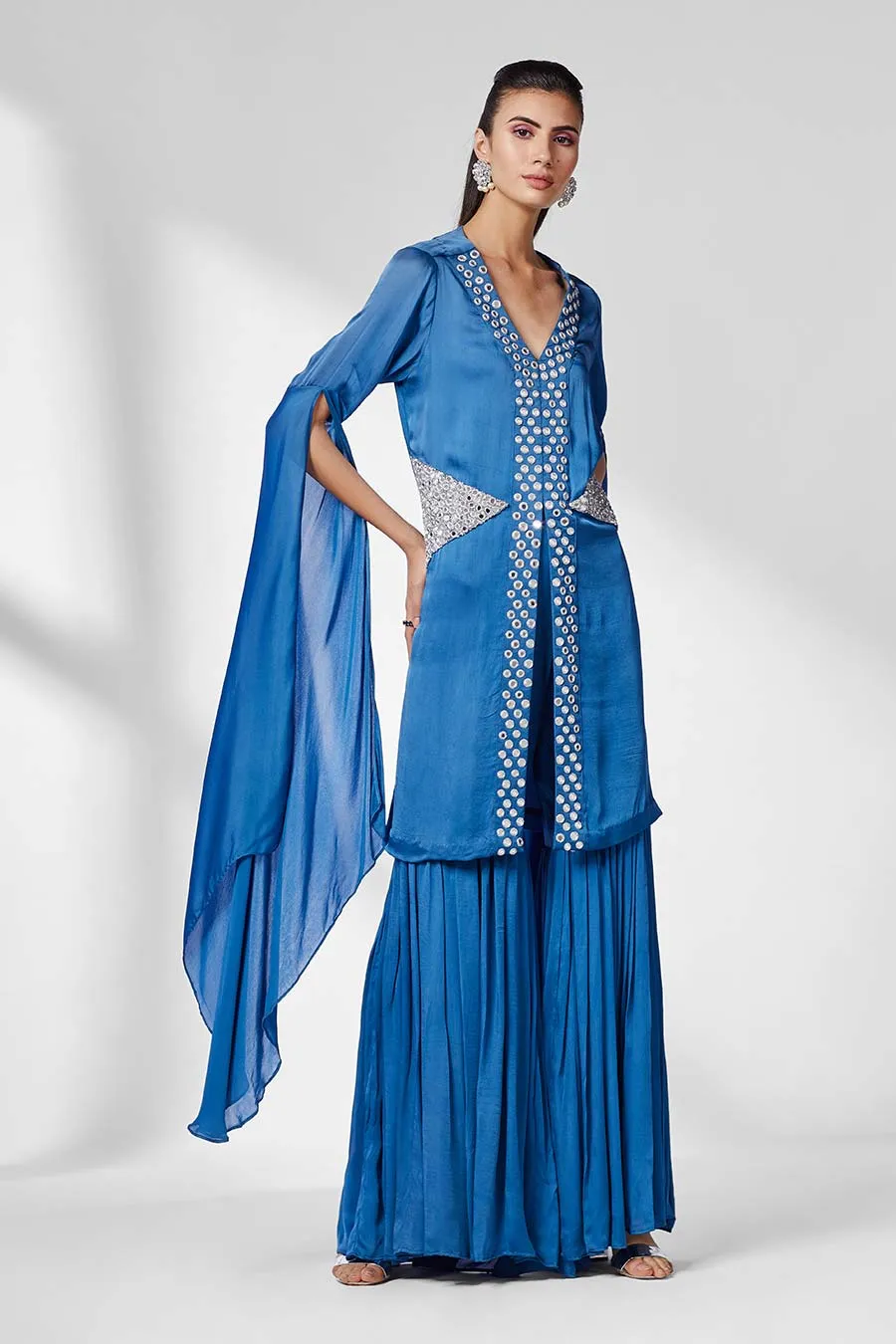 Blue Mirror Work Tunic & Gharara Set (Set of 2)