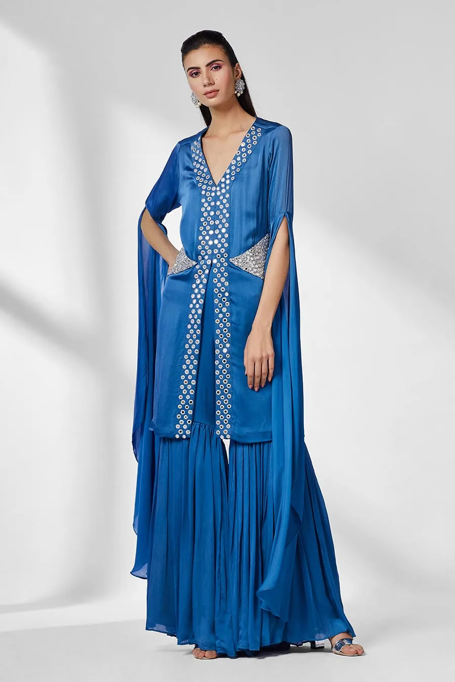 Blue Mirror Work Tunic & Gharara Set (Set of 2)