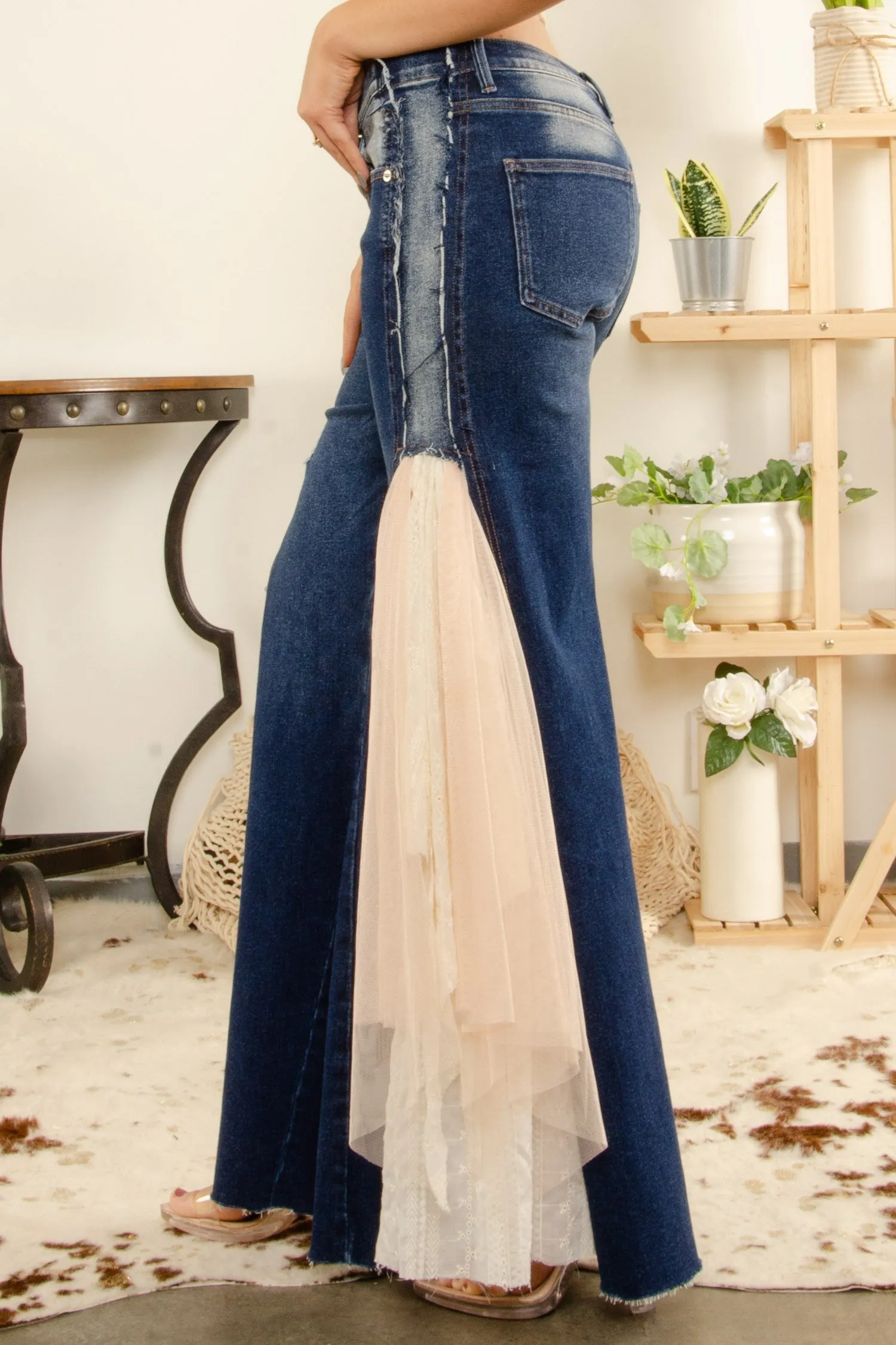BlueVelvet Denim with Lace and Mesh Panel Jeans in Dark Denim