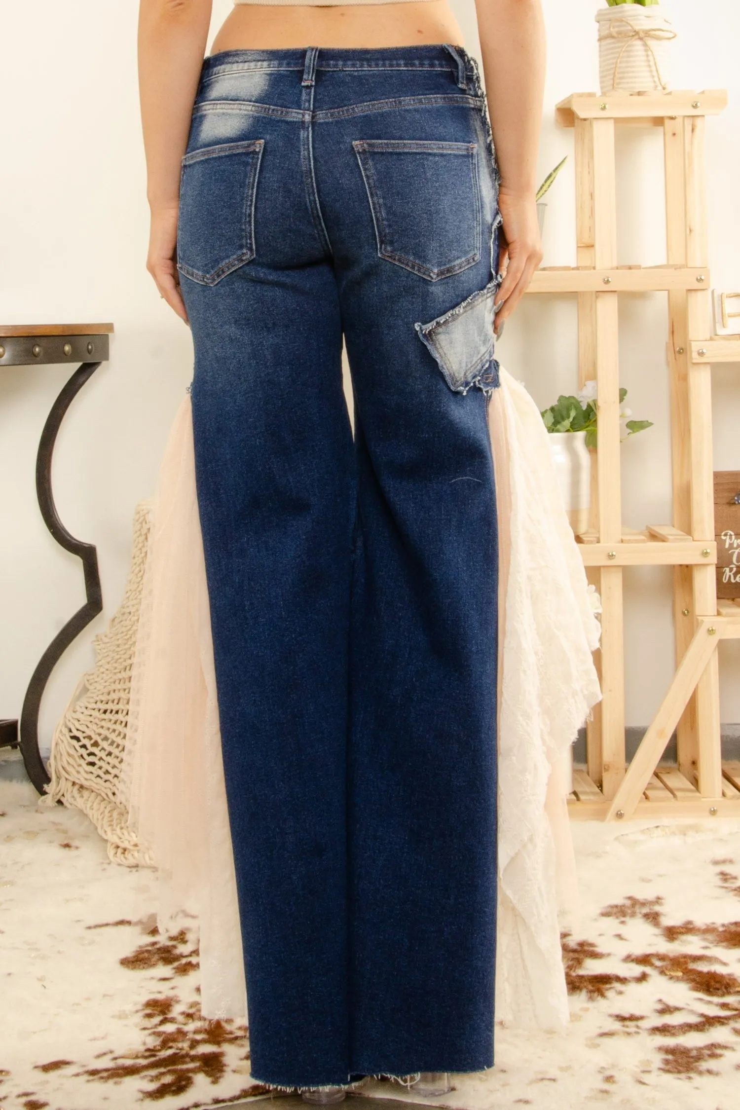 BlueVelvet Denim with Lace and Mesh Panel Jeans in Dark Denim