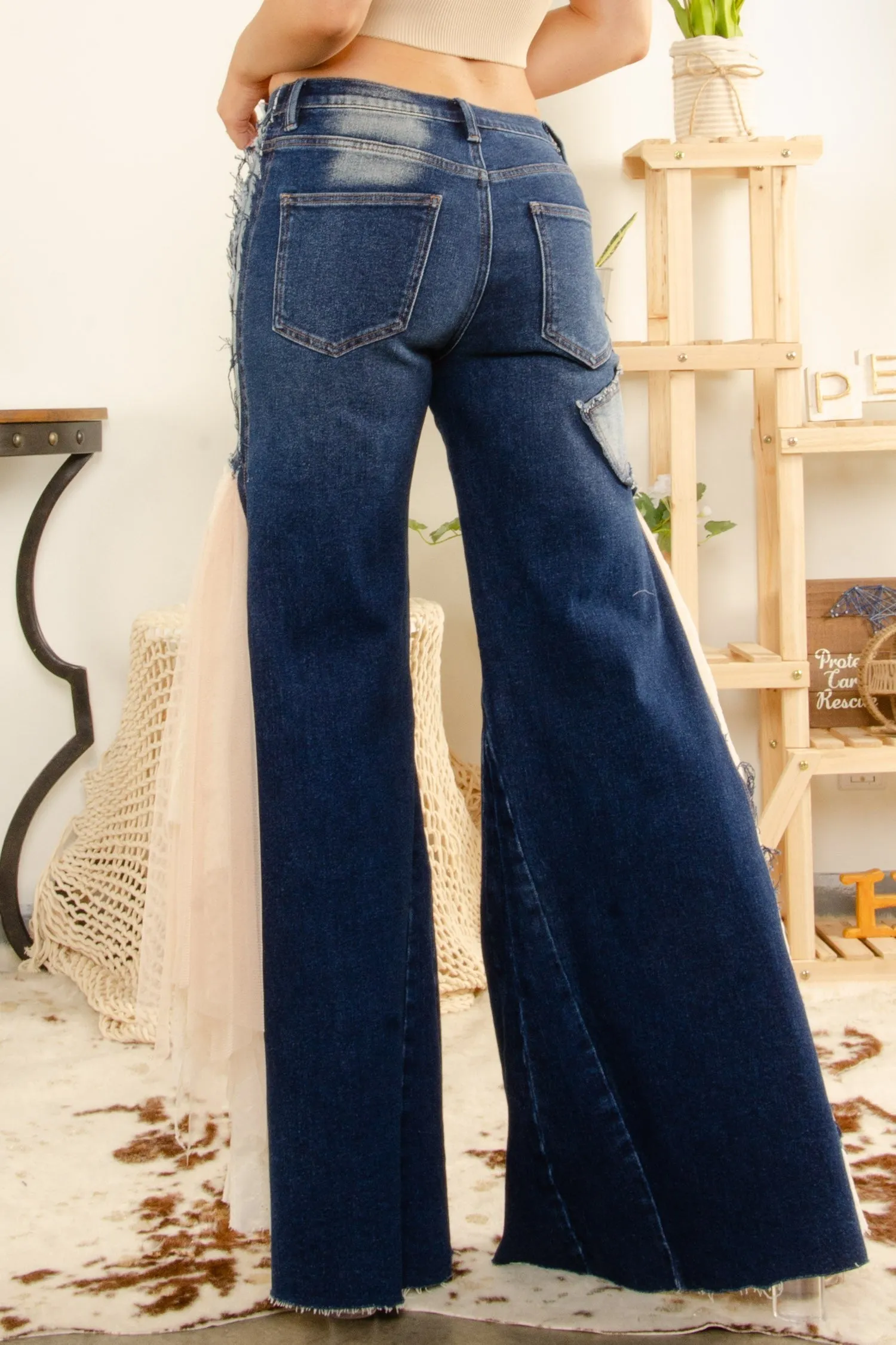 BlueVelvet Denim with Lace and Mesh Panel Jeans in Dark Denim