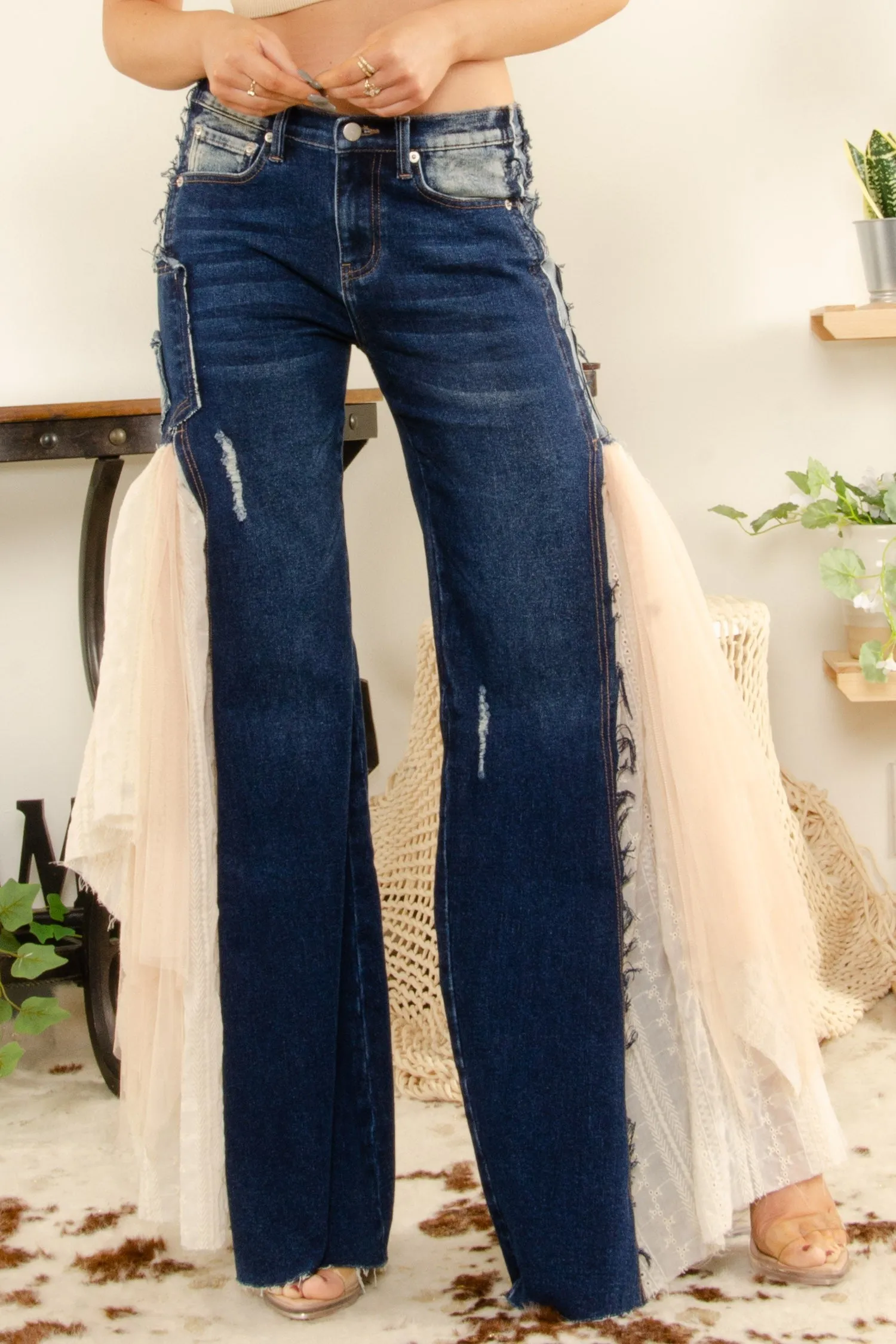 BlueVelvet Denim with Lace and Mesh Panel Jeans in Dark Denim