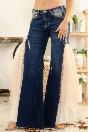 BlueVelvet Denim with Lace and Mesh Panel Jeans in Dark Denim