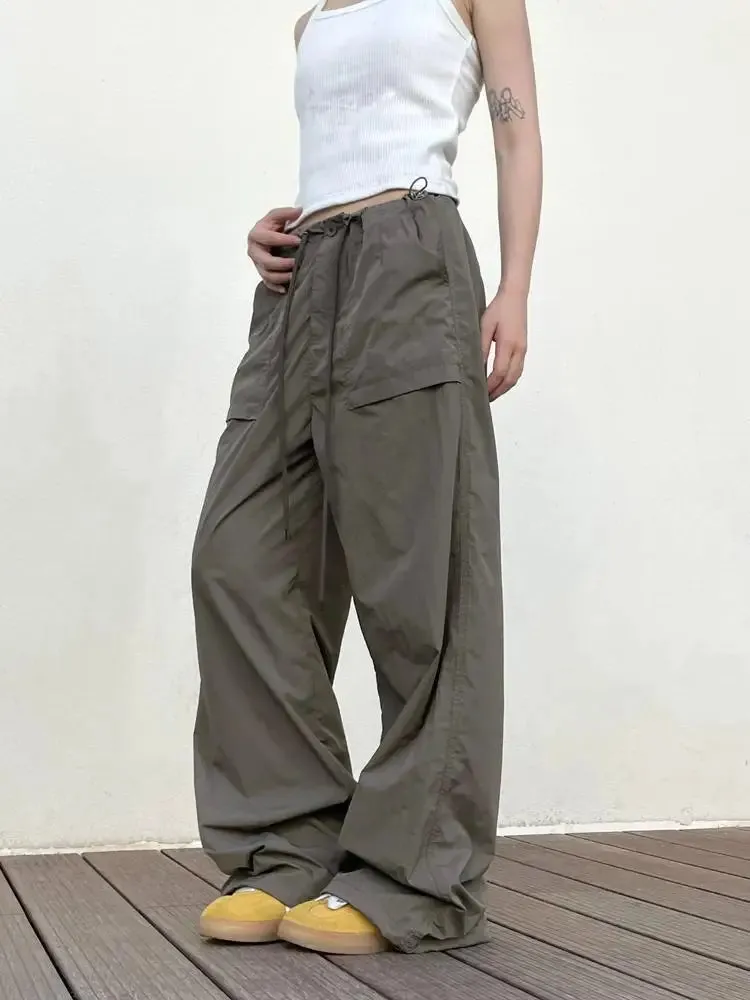 Bonnyshow Black Oversized Parachute Pants Women Wide Cargo Trousers Japanese Style Casual Pleated Joggers Streetwear Vintage Y2k