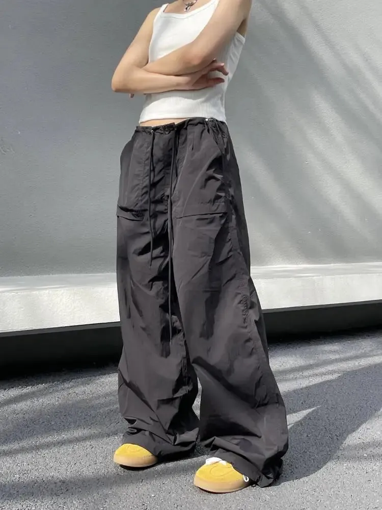 Bonnyshow Black Oversized Parachute Pants Women Wide Cargo Trousers Japanese Style Casual Pleated Joggers Streetwear Vintage Y2k
