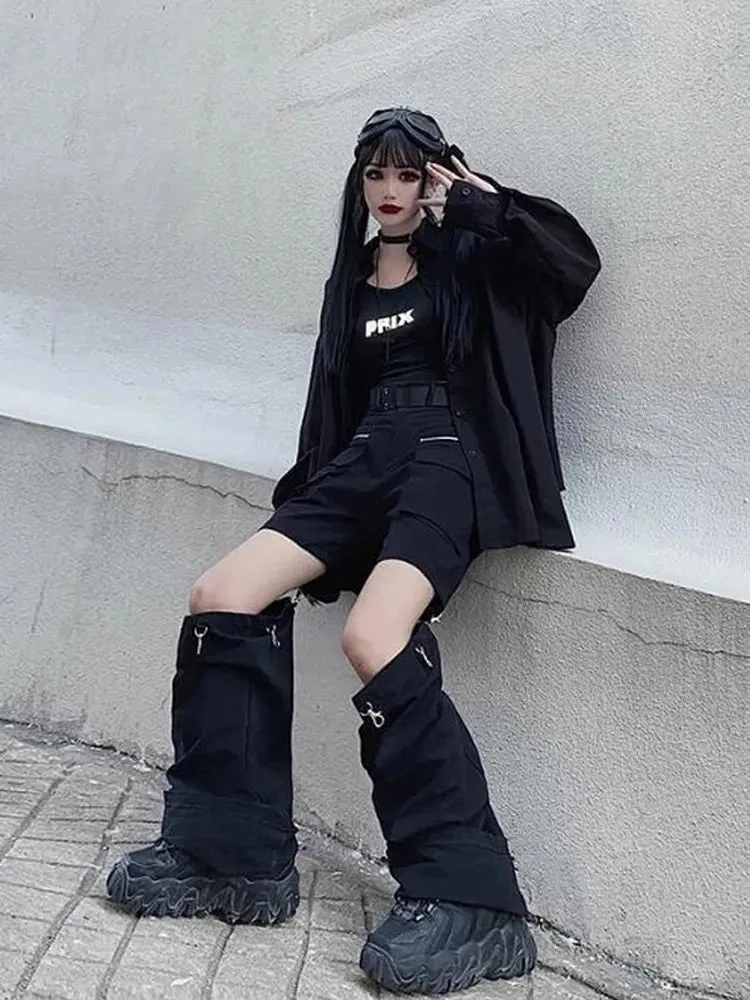 Bonnyshow Techwear Gothic Black Cargo Pants Women Streetwear Hollow Out Punk Wide Leg Oversize Pockets Trousers For Female Hip Hop