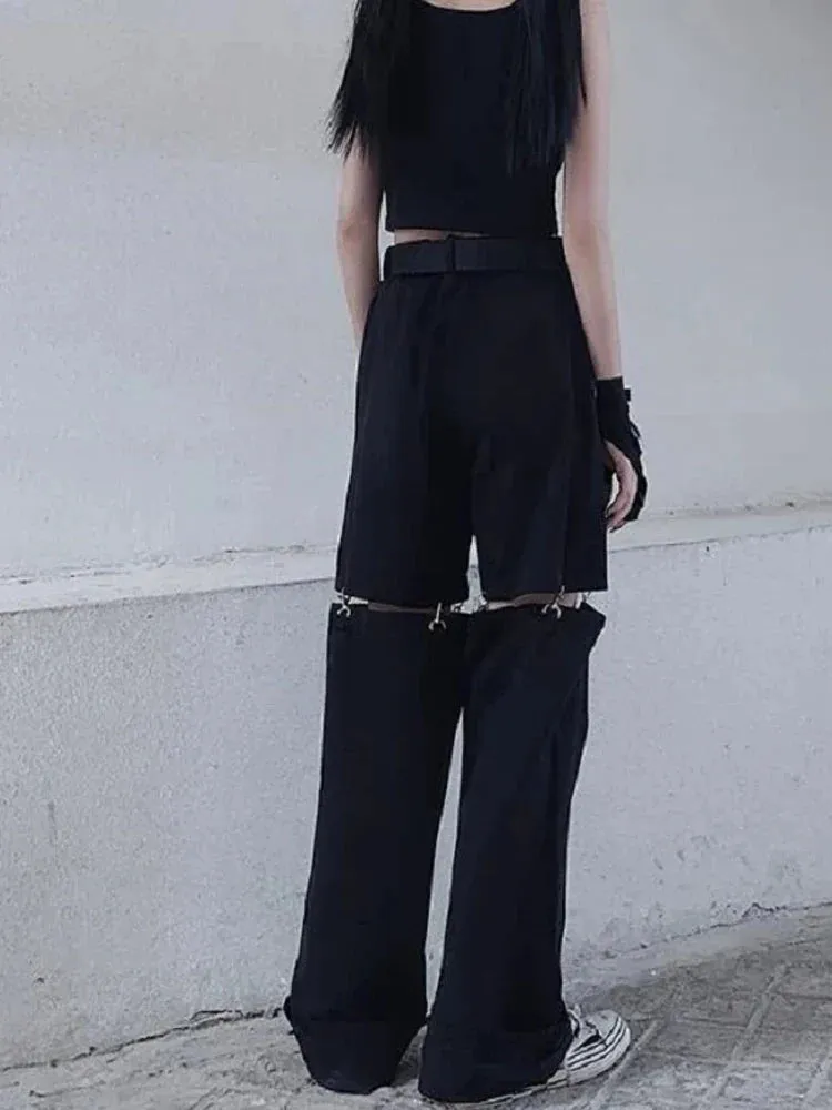 Bonnyshow Techwear Gothic Black Cargo Pants Women Streetwear Hollow Out Punk Wide Leg Oversize Pockets Trousers For Female Hip Hop