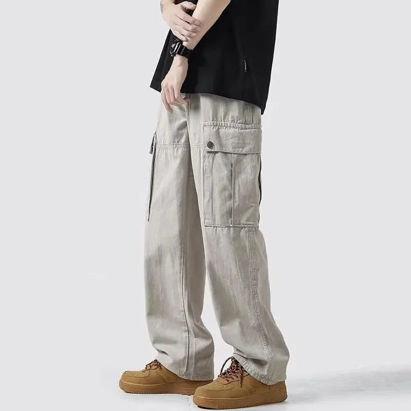 Bonsir Spring Trend Men's Clothing Japanese Cotton Korean Version Fashion Casual All-match Loose Straight Solid Color Cargo Trousers