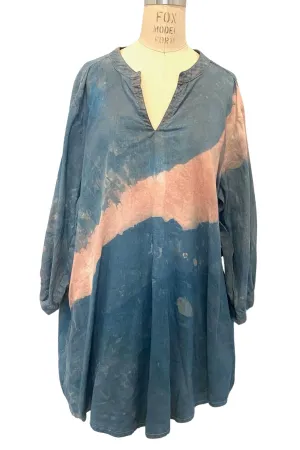 Botanically Dyed Linen Tunic in Blue Pink Wave
