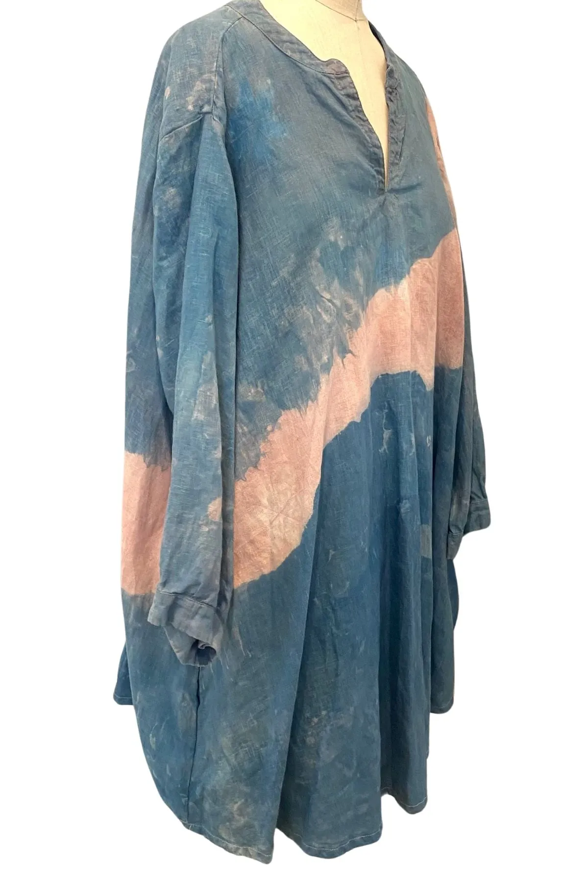 Botanically Dyed Linen Tunic in Blue Pink Wave