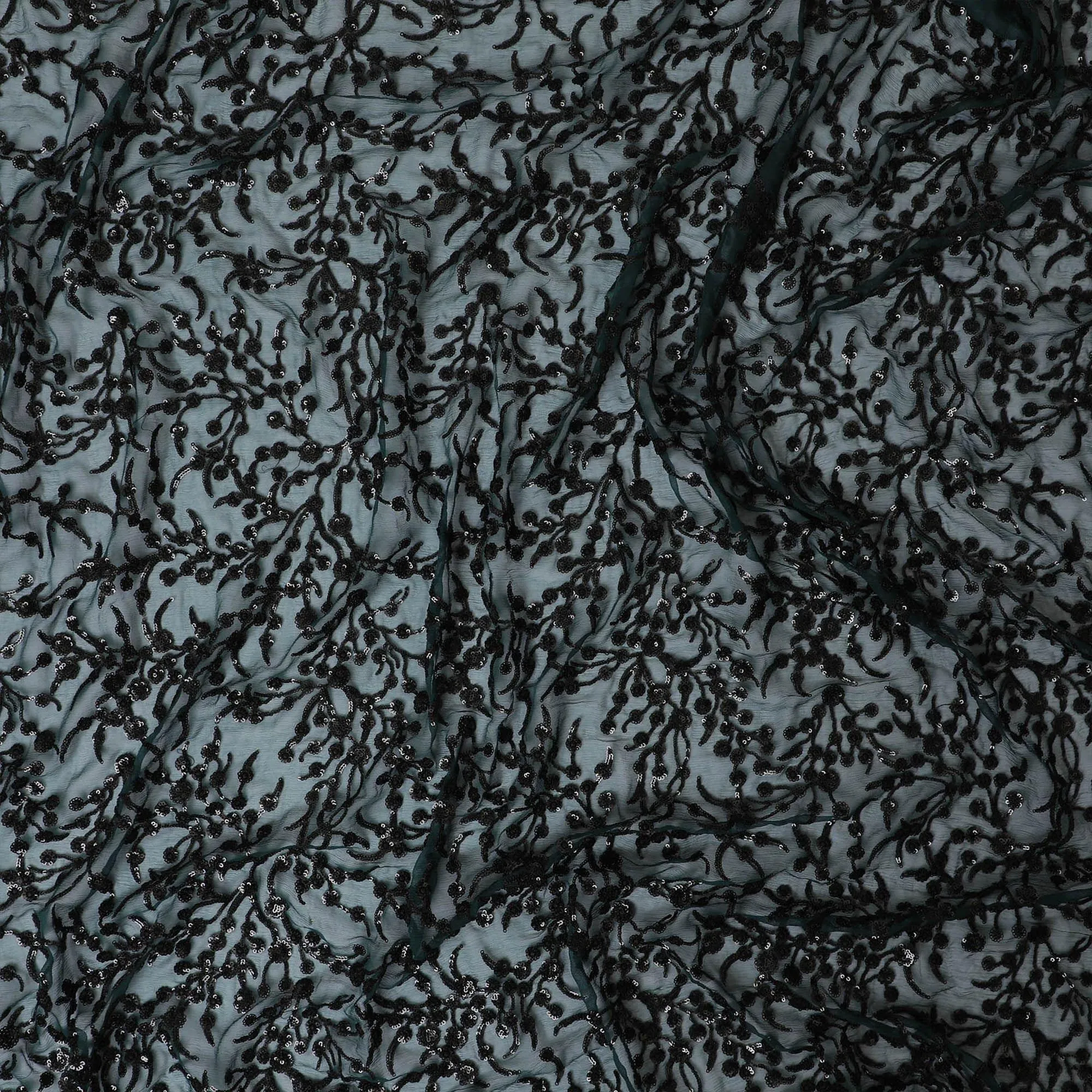 Bottle green premium pure silk chiffon fabric with black sequin embroidery in floral design-D13198
