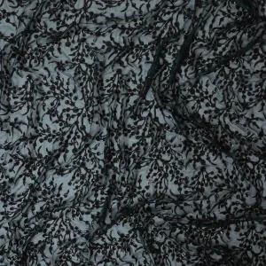 Bottle green premium pure silk chiffon fabric with black sequin embroidery in floral design-D13198