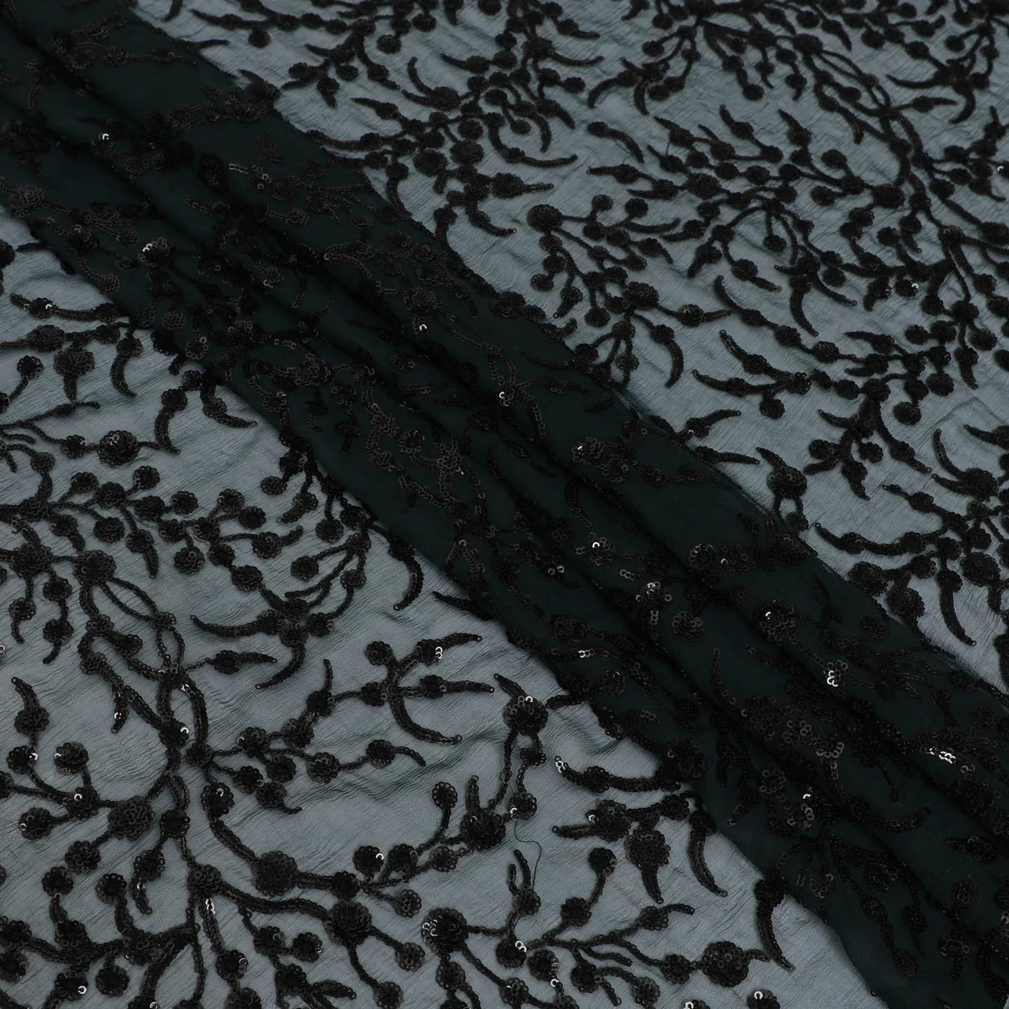 Bottle green premium pure silk chiffon fabric with black sequin embroidery in floral design-D13198