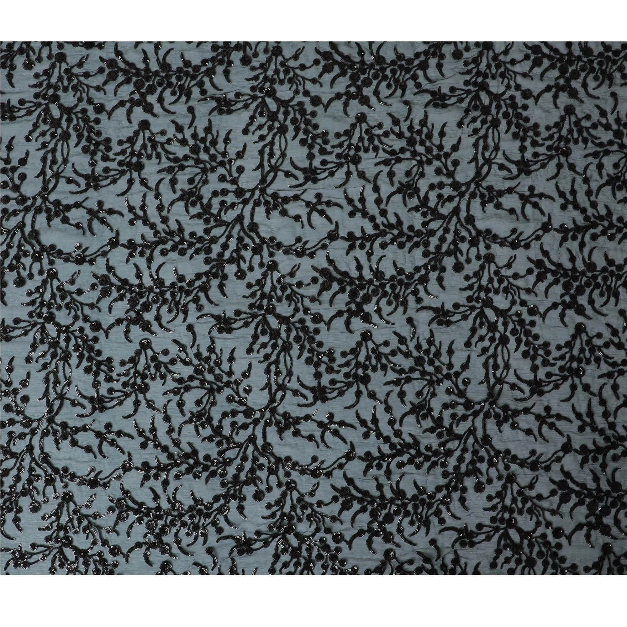 Bottle green premium pure silk chiffon fabric with black sequin embroidery in floral design-D13198