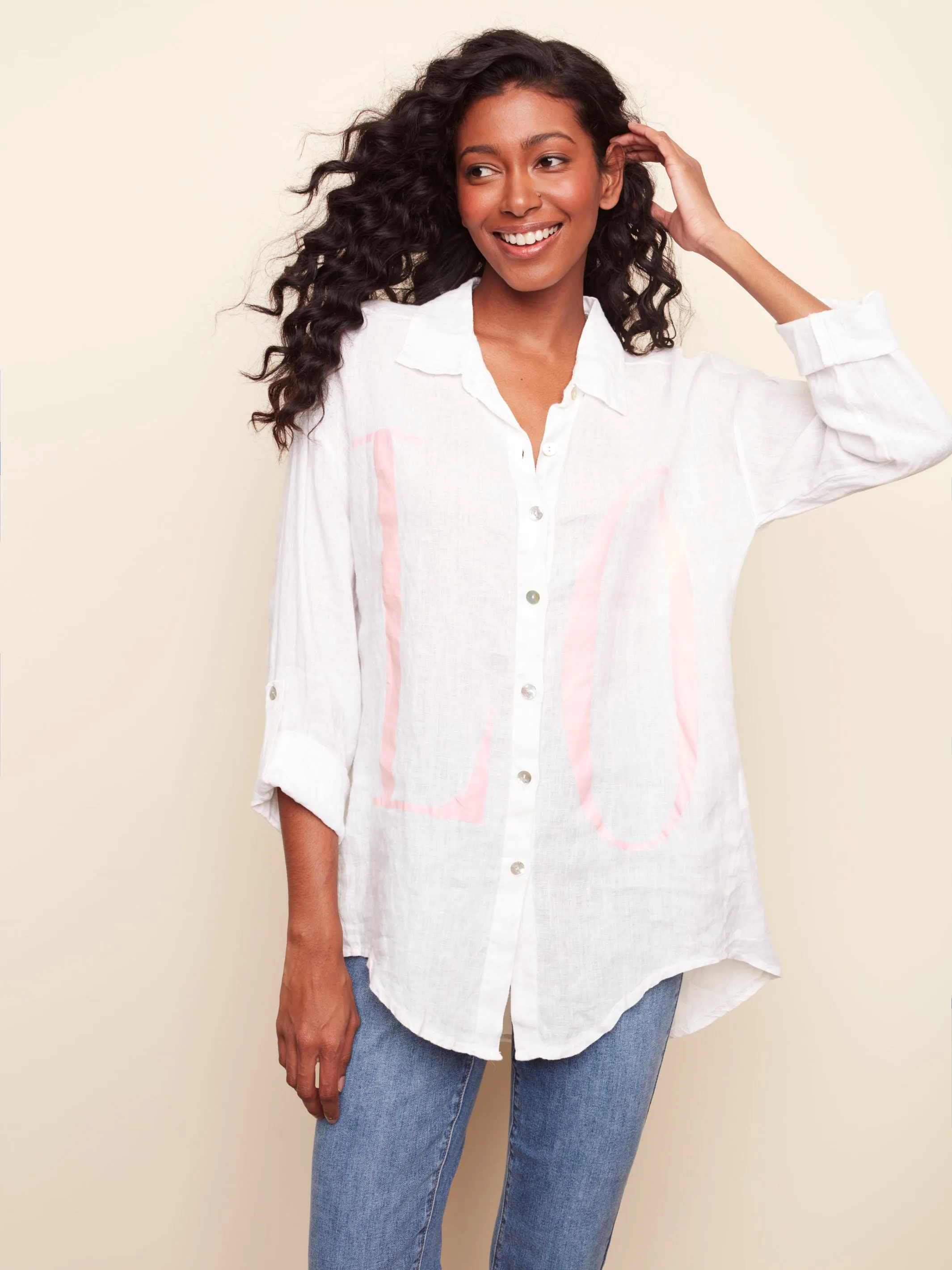 Charlie B - Button-Down LOVE Tunic - White  - C4444