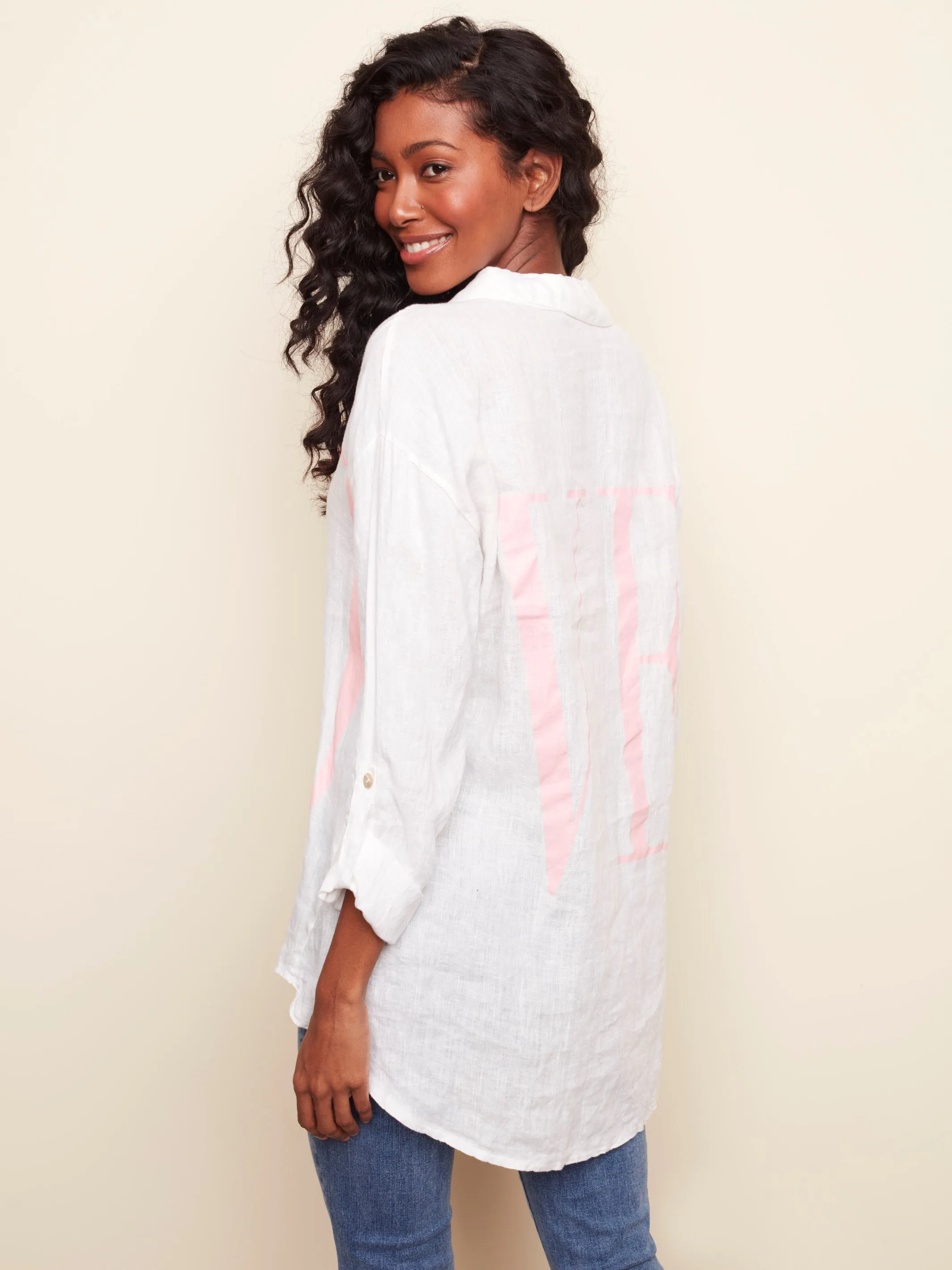 Charlie B - Button-Down LOVE Tunic - White  - C4444