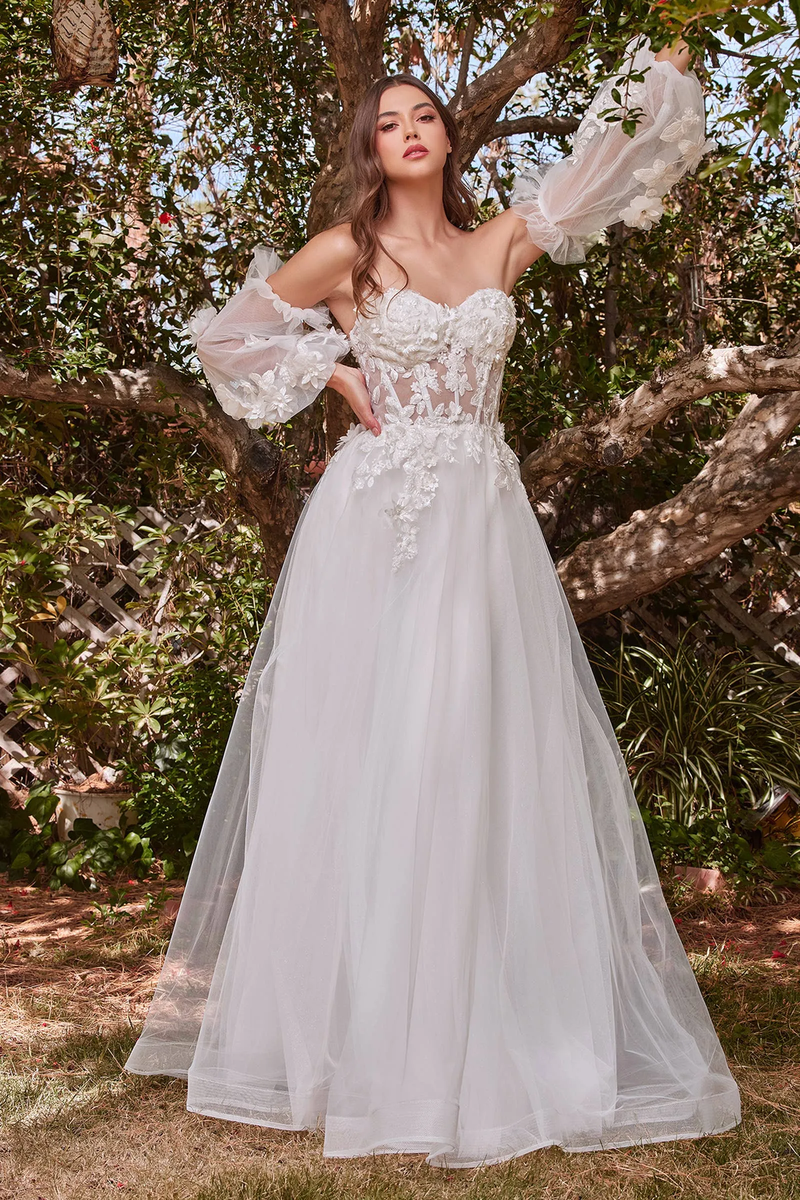 Cinderella Divine CD962- LACE STRAPLESS LAYERED TULLE BALL GOWN WITH PUFF SLEEVES