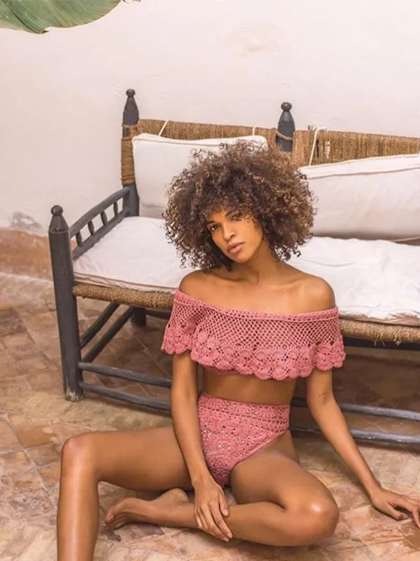 Crochet Filigree Off Shoulder Top - Vintage Rose