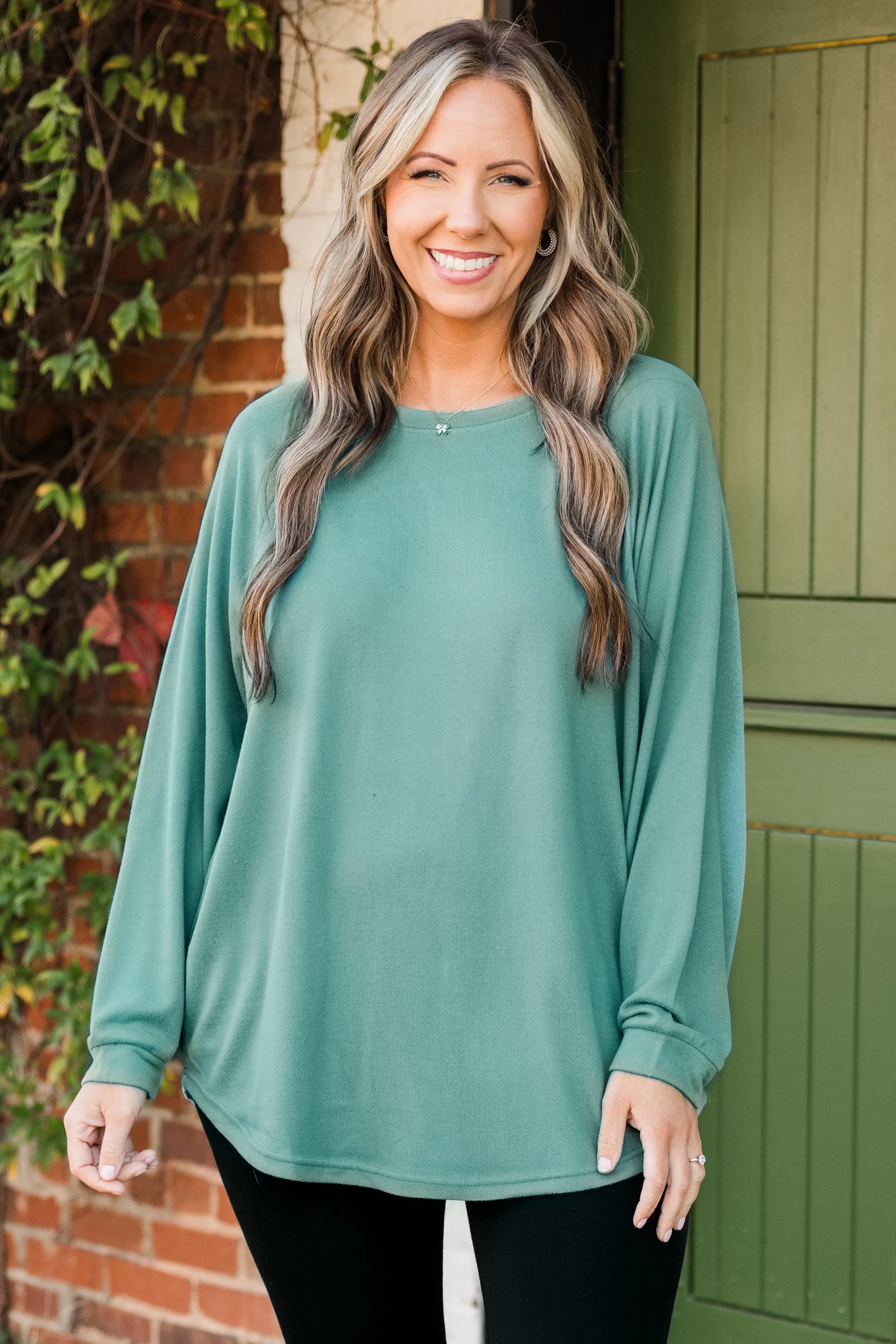 Curved Hem Slouchy Dolman Knitted Tunic, Sage
