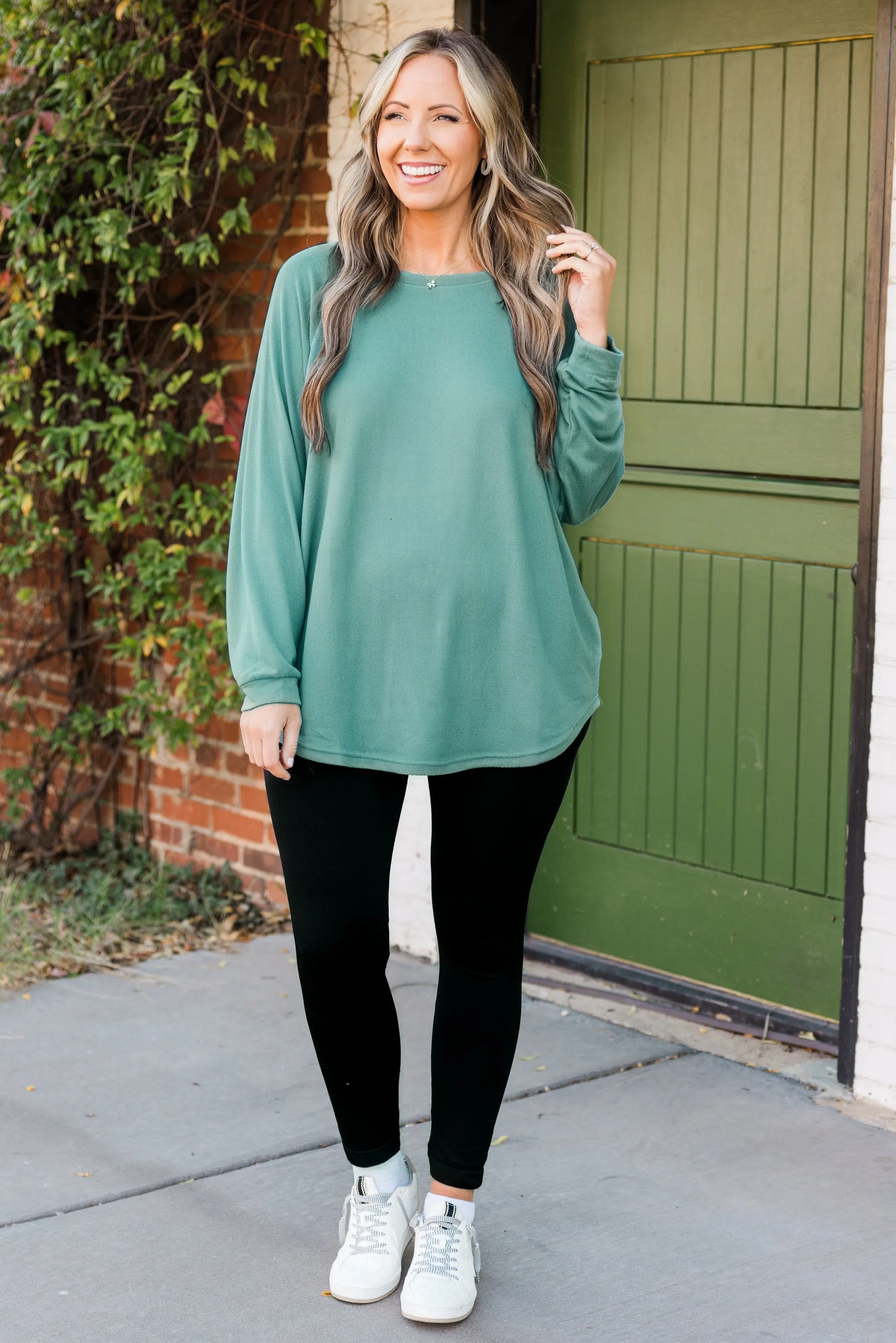 Curved Hem Slouchy Dolman Knitted Tunic, Sage