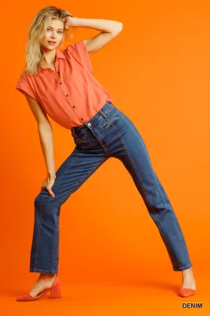 Denim Panel Straight Cut Denim Jeans With Pockets