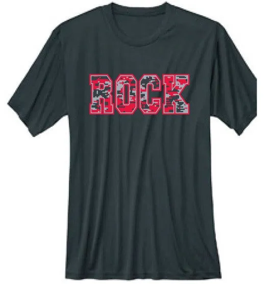 DIGITAL CAMO DESIGN MOISTURE WICKING T-Shirt <br>BLACK with ATHLETIC RED & LIGHT GRAY INK