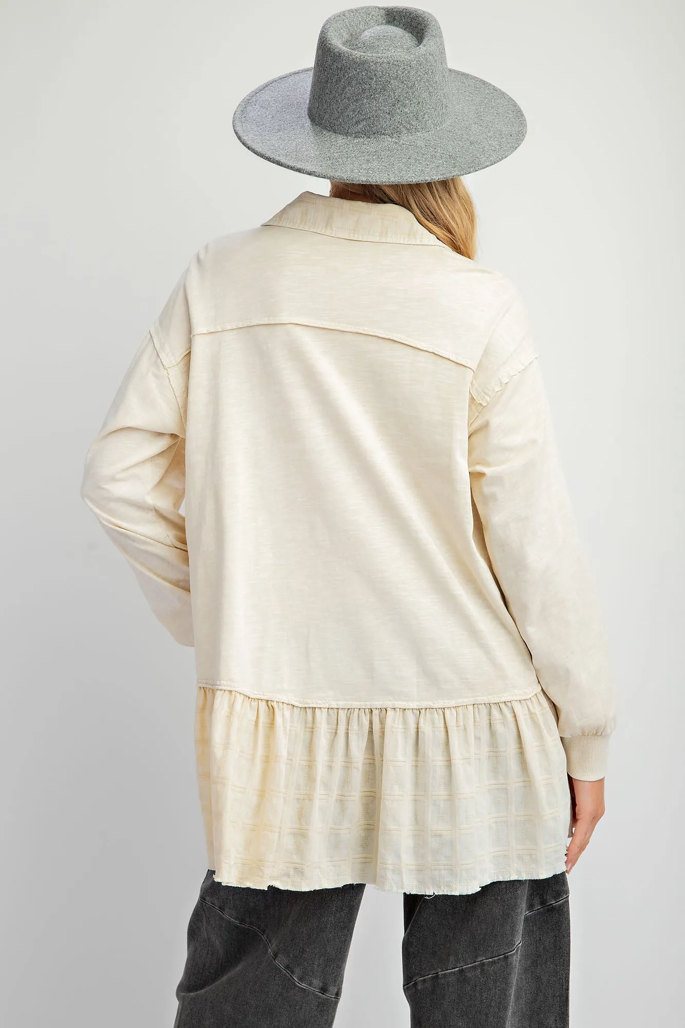 Easel - Ivory Long Slv Mineral Wash Tunic Top