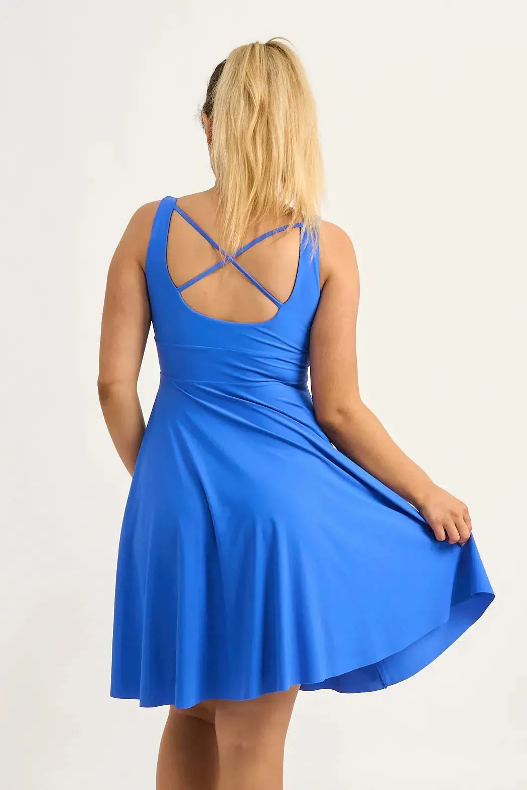 Electric Blue Silky - Scoop Neck Comfort Crop Midi Dress W/ Pockets