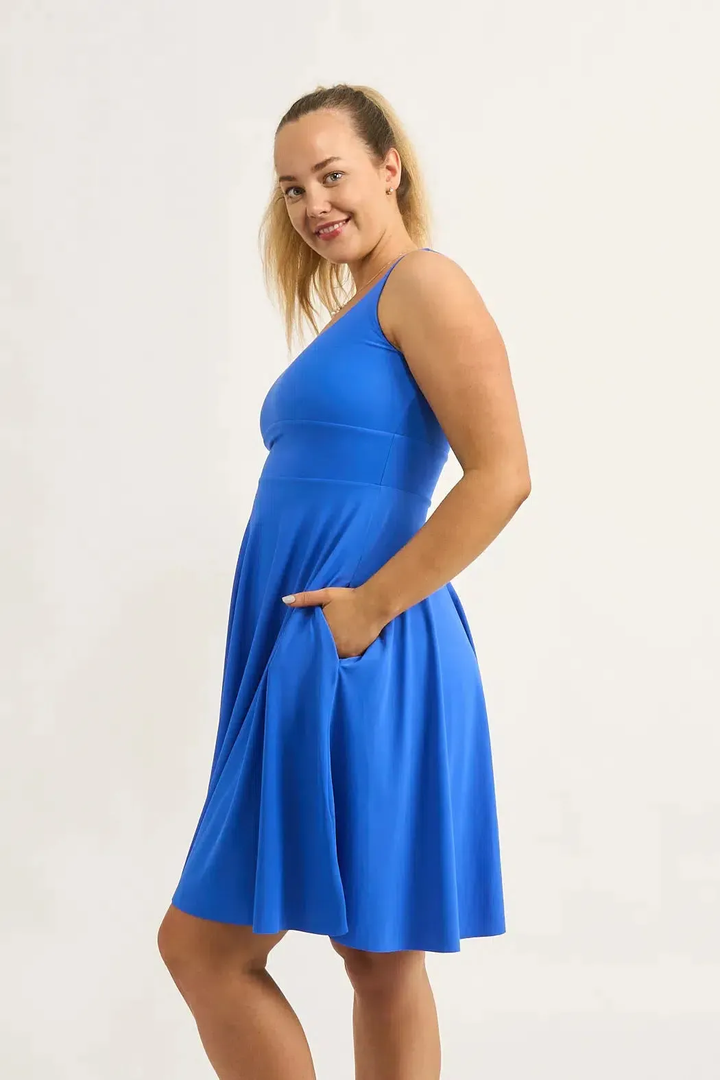 Electric Blue Silky - Scoop Neck Comfort Crop Midi Dress W/ Pockets
