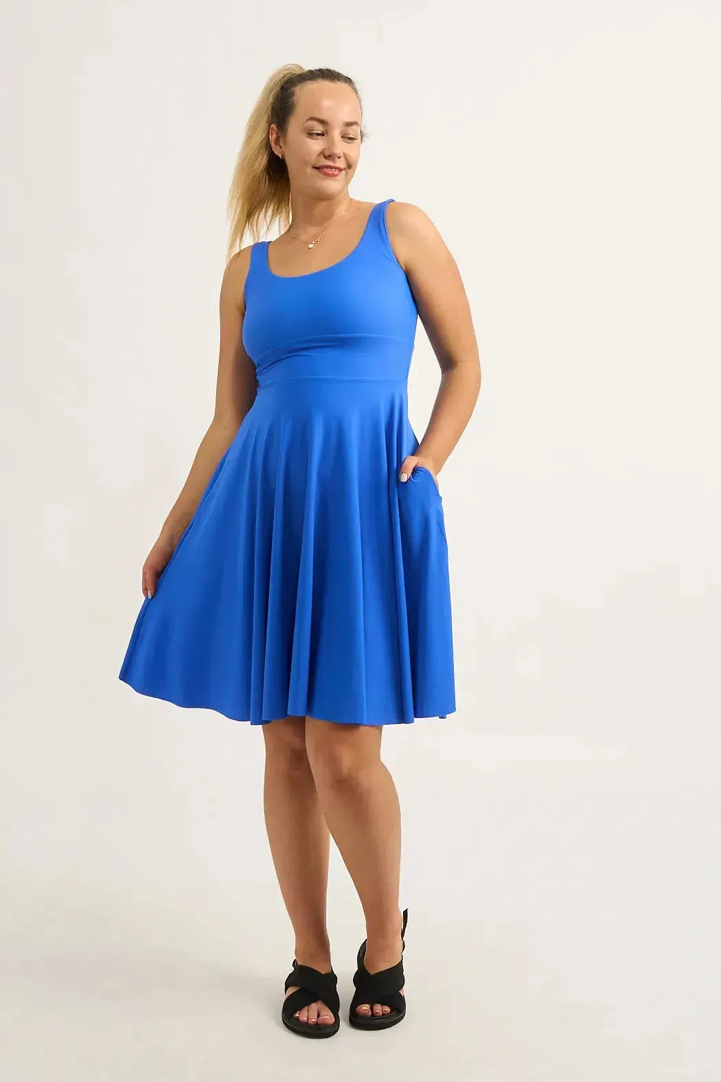 Electric Blue Silky - Scoop Neck Comfort Crop Midi Dress W/ Pockets