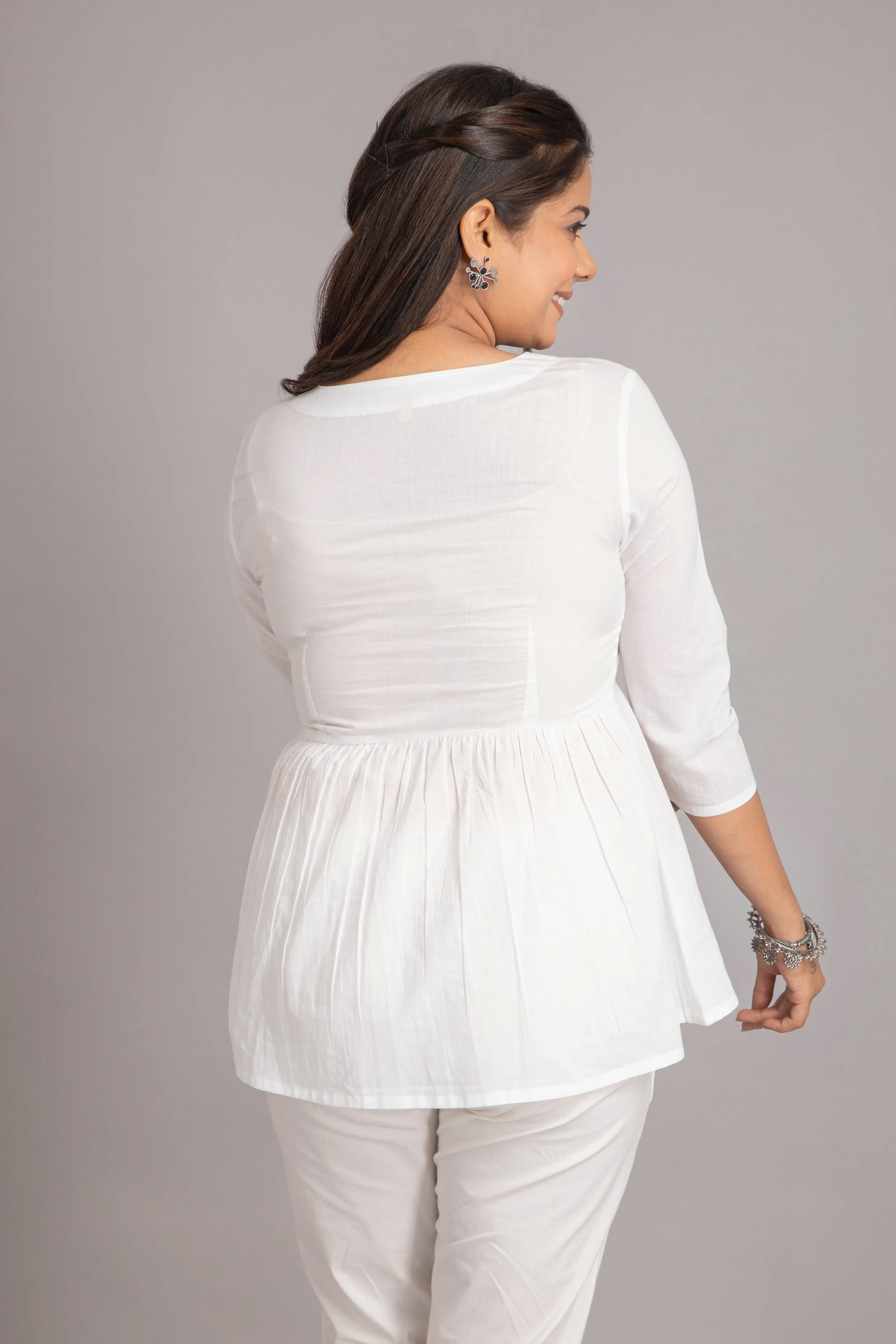 Flared Short Top with Multicolor Geometric Embroidery on Yoke
