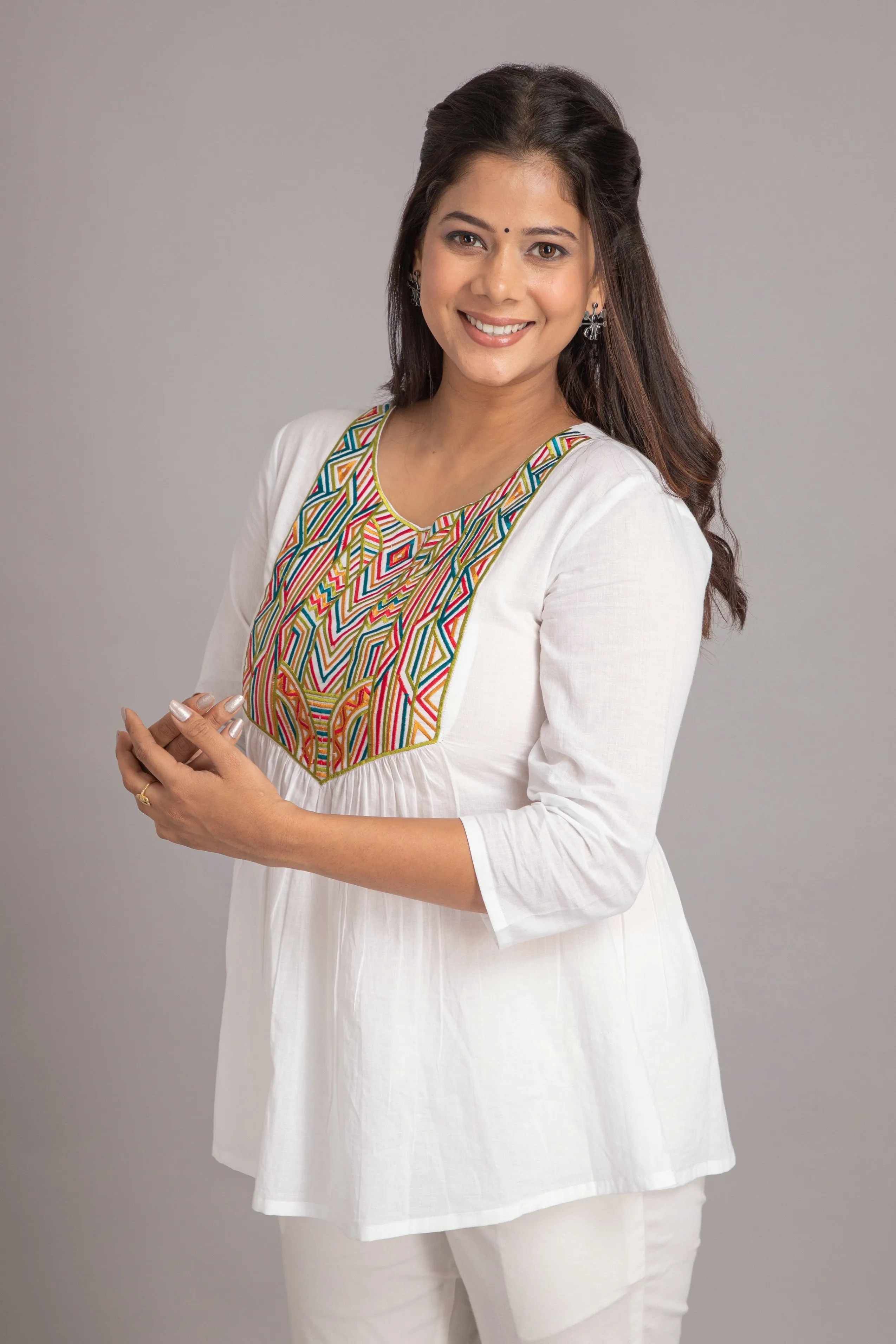 Flared Short Top with Multicolor Geometric Embroidery on Yoke
