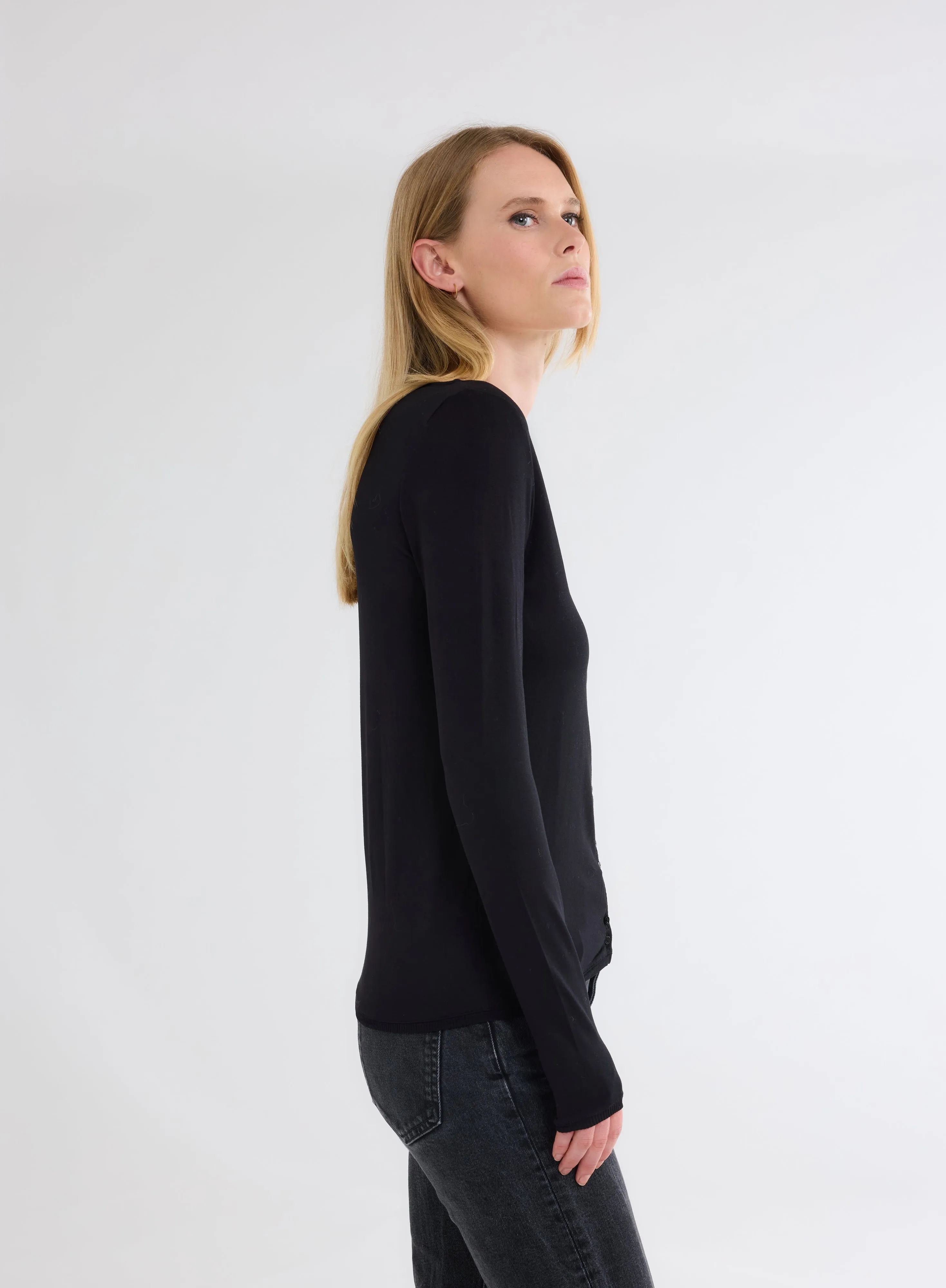 Gilet Noir Col V Manches Longues en Viscose et Élasthanne