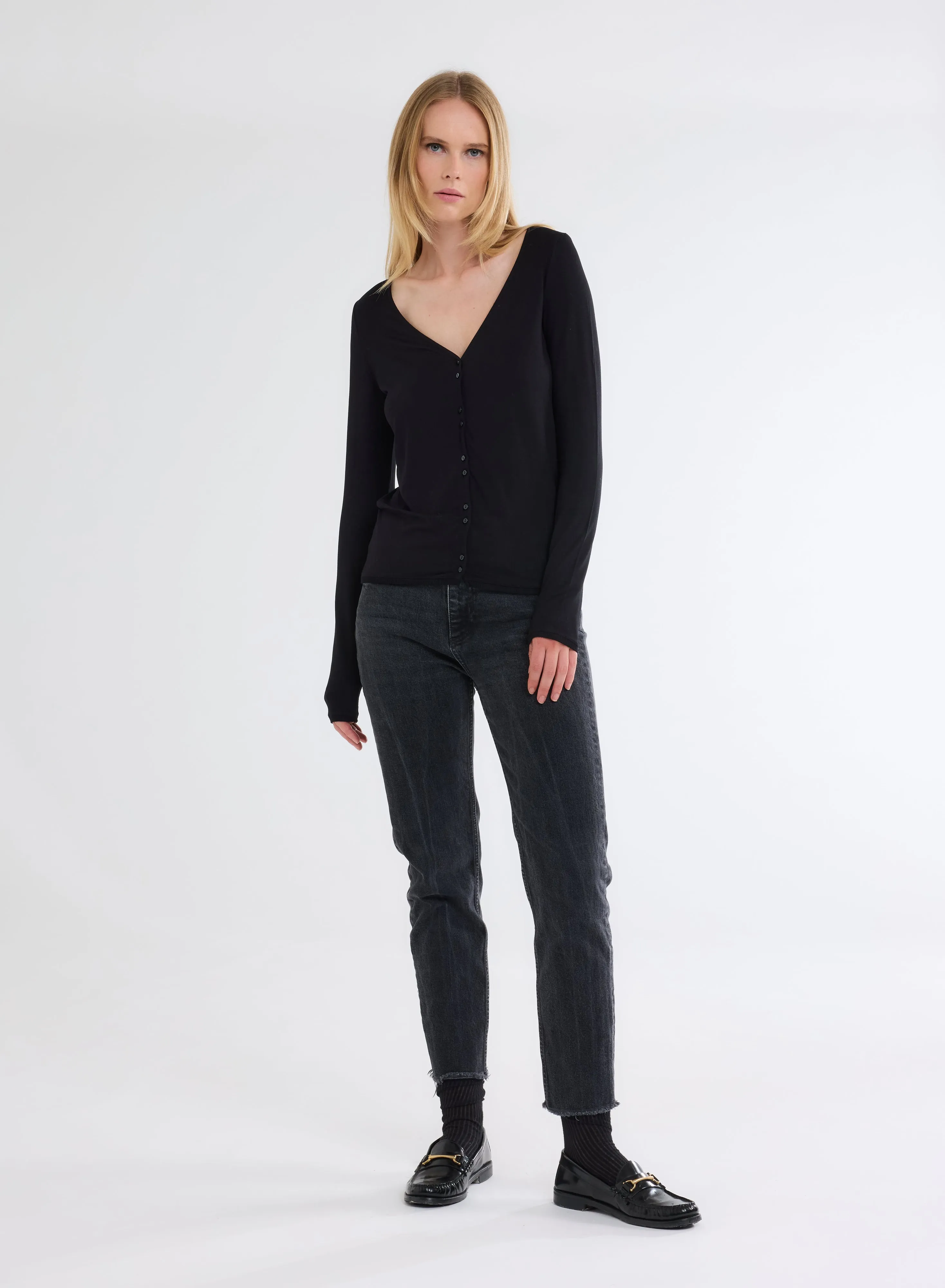 Gilet Noir Col V Manches Longues en Viscose et Élasthanne