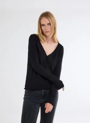 Gilet Noir Col V Manches Longues en Viscose et Élasthanne