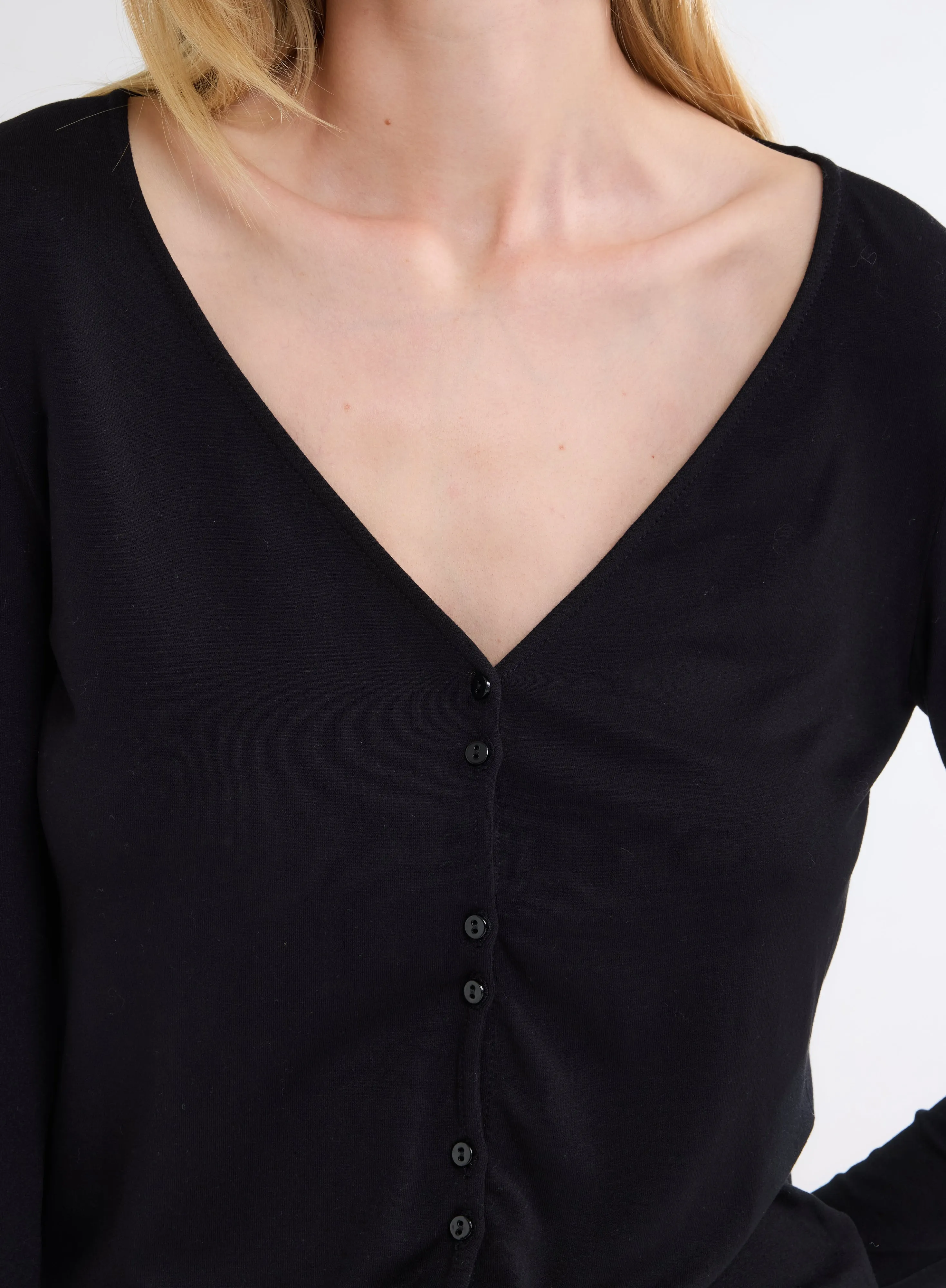 Gilet Noir Col V Manches Longues en Viscose et Élasthanne