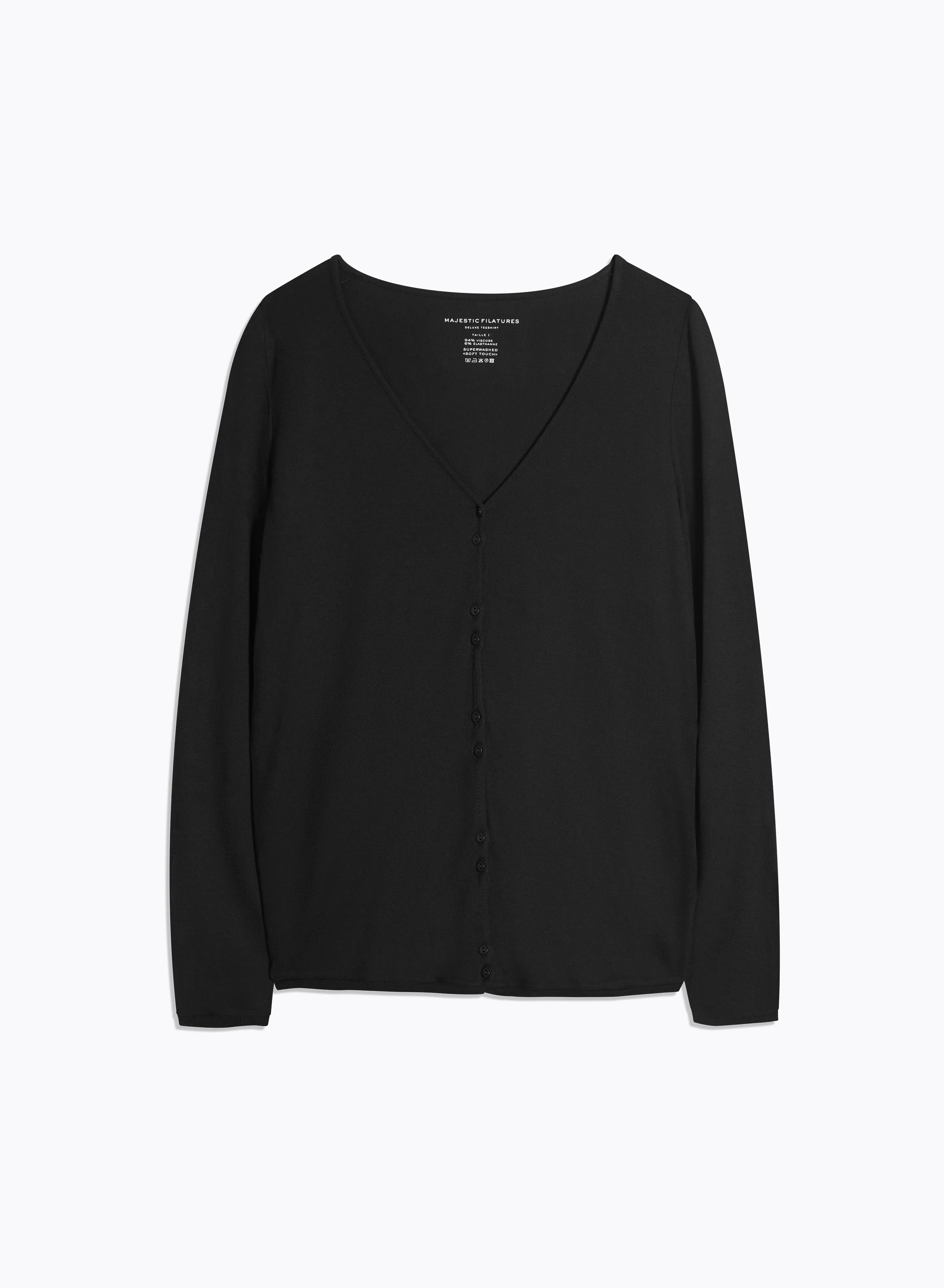 Gilet Noir Col V Manches Longues en Viscose et Élasthanne