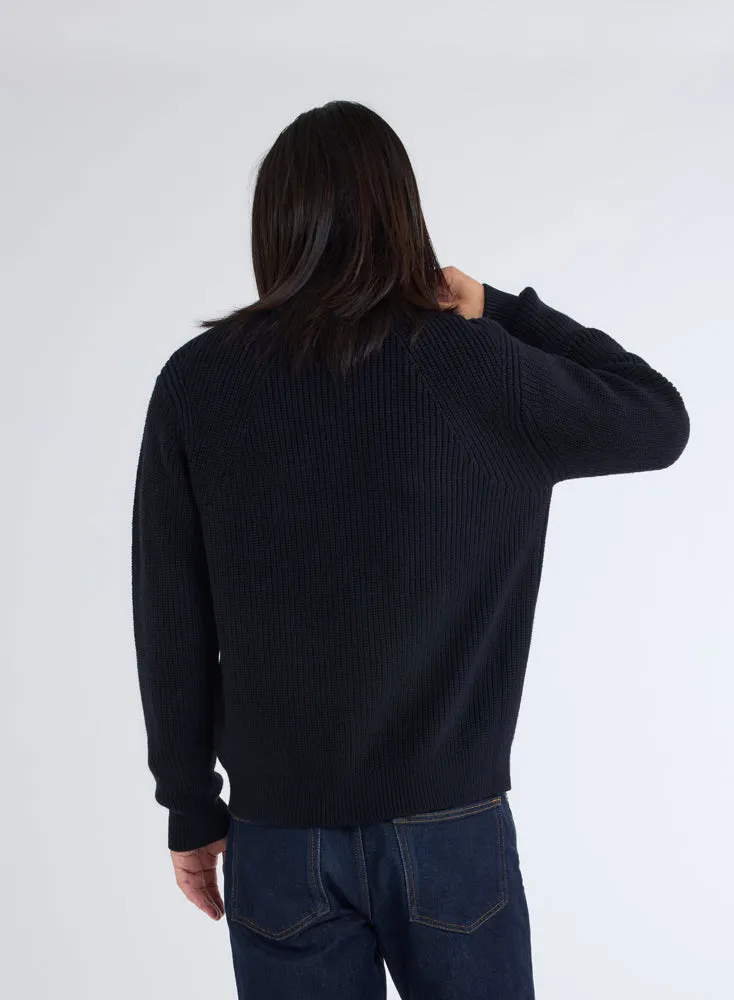 Gilet Zippé Marine à Grosse Maille Col Montant Manches Longues en Laine Merinos
