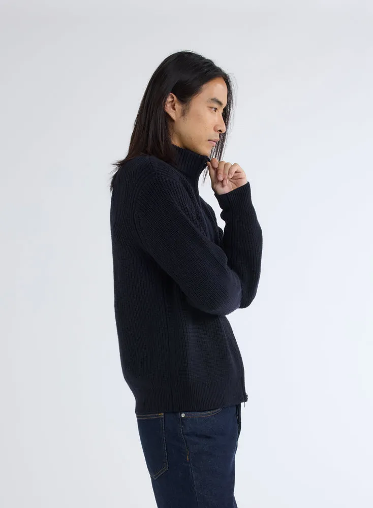 Gilet Zippé Marine à Grosse Maille Col Montant Manches Longues en Laine Merinos