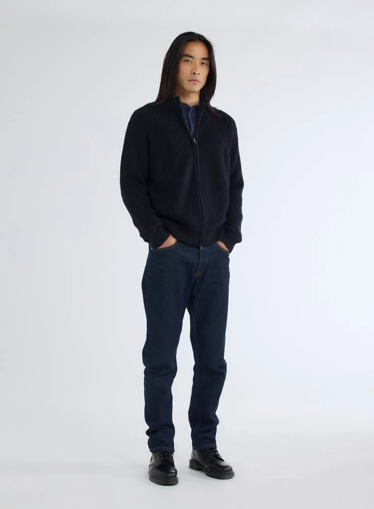 Gilet Zippé Marine à Grosse Maille Col Montant Manches Longues en Laine Merinos