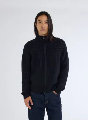 Gilet Zippé Marine à Grosse Maille Col Montant Manches Longues en Laine Merinos